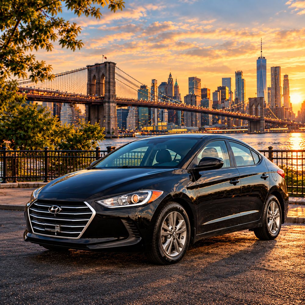 Black Hyundai Elantra parked by a bridge at sunset