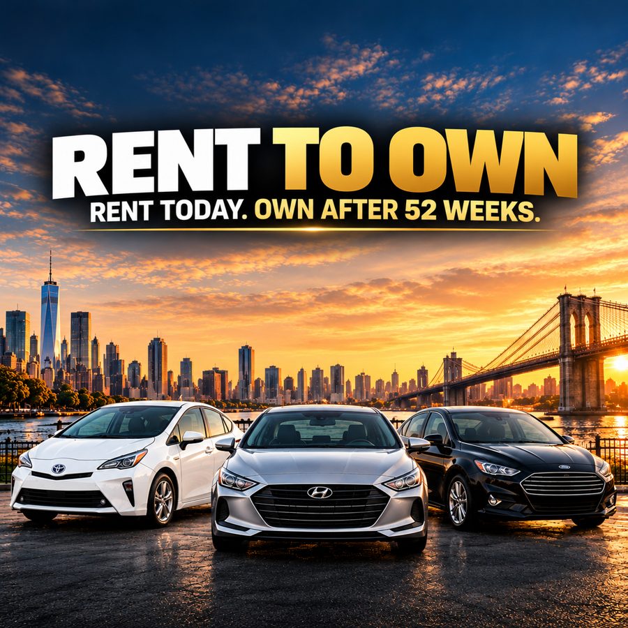 Rent to own: rent today, own after 52 weeks. Prius, Elantra and Fusion by a bridge at sunset